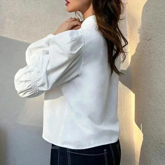 White Preppy Womens Solid Button Front Ruched Shirt - Picture 2 of 5